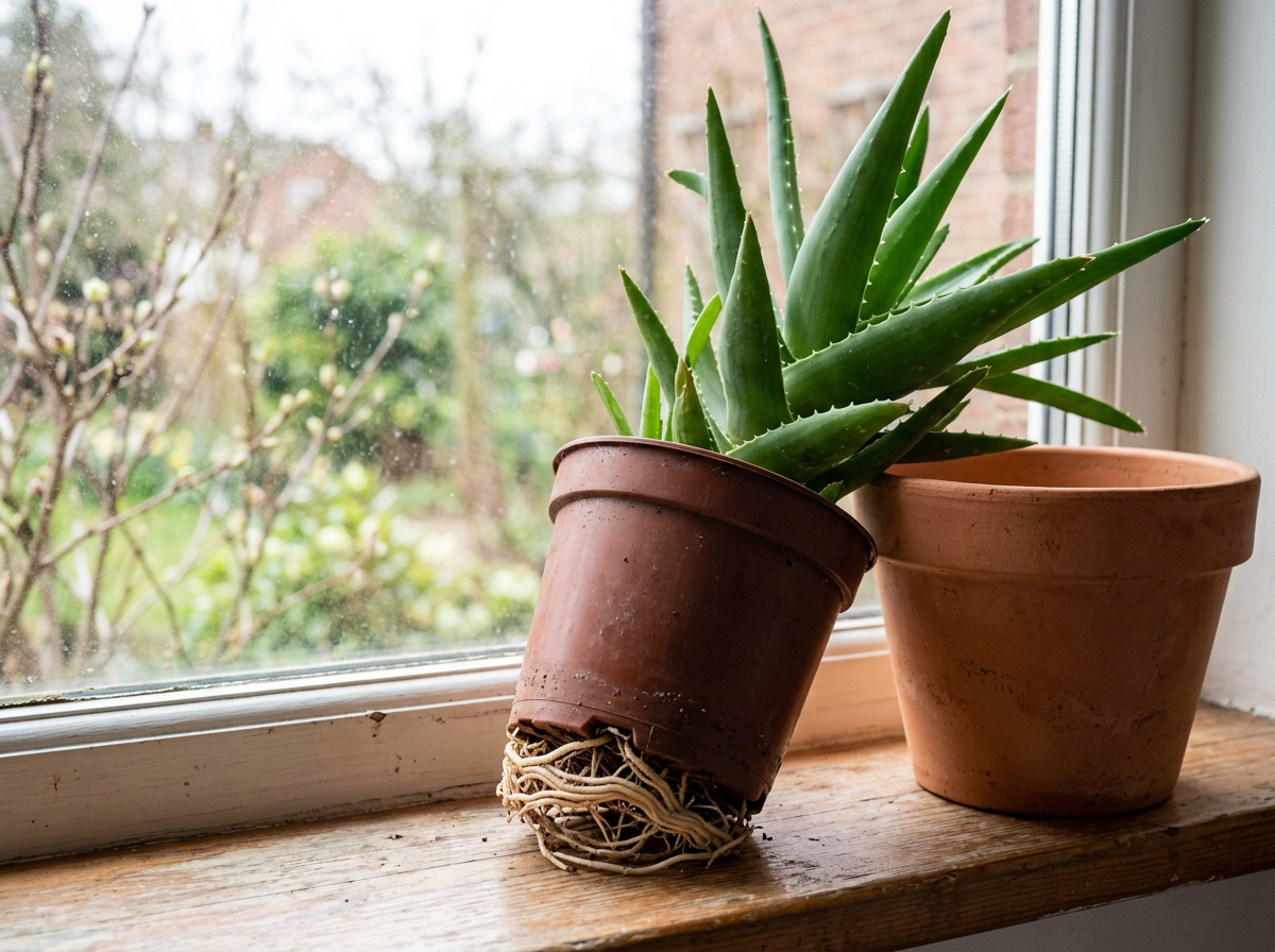Aloes z korzeniami wystającymi z otworu doniczki i przechyloną rozetą na parapecie, obok większa doniczka