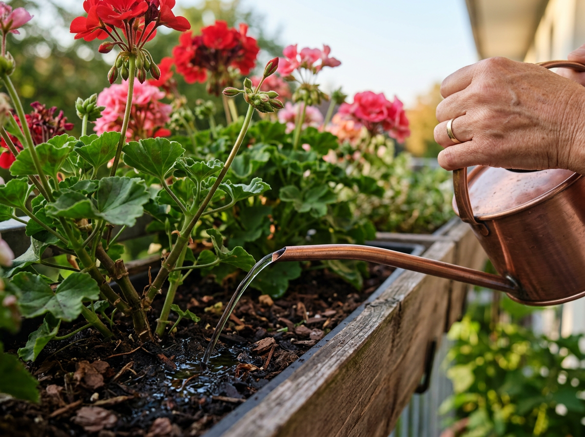 Dłoń podlewająca pelargonie z konewki, woda kierowana pod korzeń zamiast na kwiaty