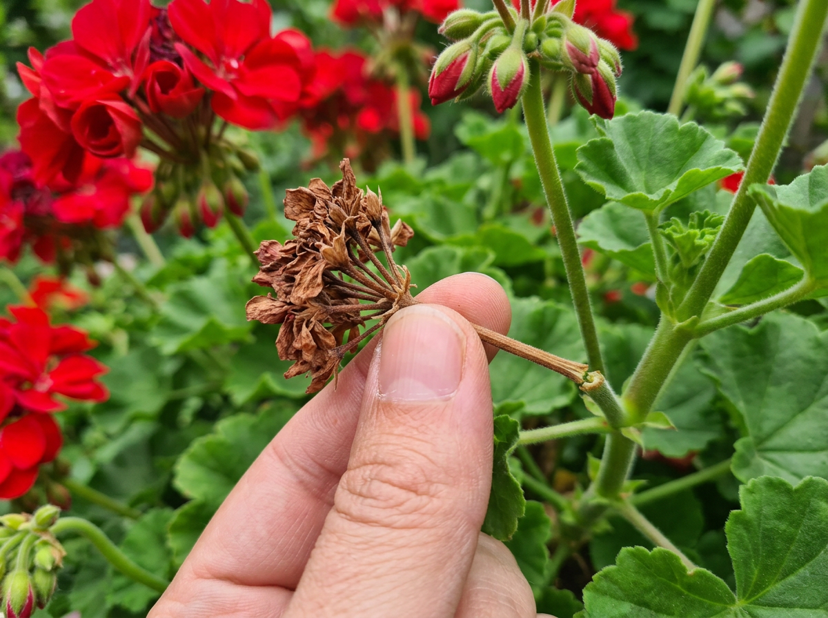 Palce wyłamujące przekwitły kwiatostan pelargonii razem z szypułką